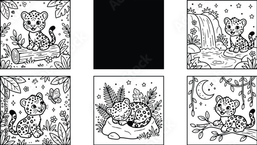 Cute baby leopard cubs in six square line art panels sitting sleeping and playing near waterfall log and moonlit branch in jungle coloring page simple lineart