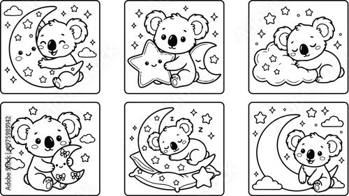 Cute line art koala hugging crescent moon and star plush close up square panels set for kids coloring page nighttime sleepy mood looking at camera smiling