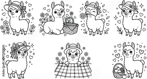 Cute line art alpacas wearing hats in picnic scenes with baskets flowers hearts close up illustrations for coloring page set playful farm animal characters adorable outline