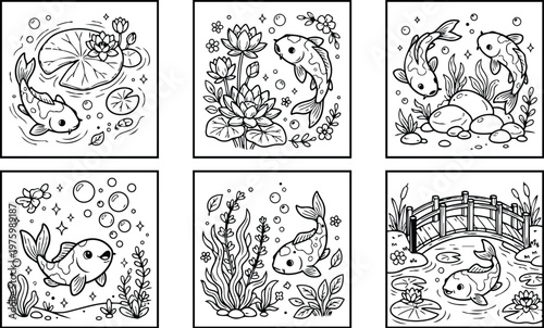 Line art six square panels koi fish illustrations close up koi looking forward lily pads lotus flowers underwater plants wooden bridge bubbles coloring page set serene