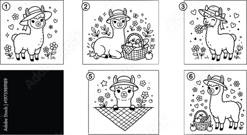Hand drawn playful alpaca wearing straw hat standing beside picnic basket and checkered blanket among wildflowers with hearts butterflies close up square portrait cute line art