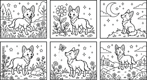 Line art childrens coloring page panels showing smiling fox in multiple outdoor scenes looking up sitting and walking in grassy meadow under stars and moonlit sky