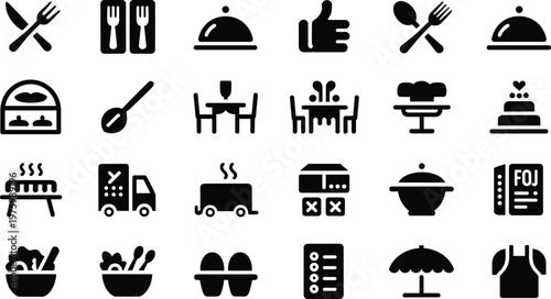 Food service and restaurant icons set with delivery meals utensils thumbs up and catering elements black silhouette vector illustration