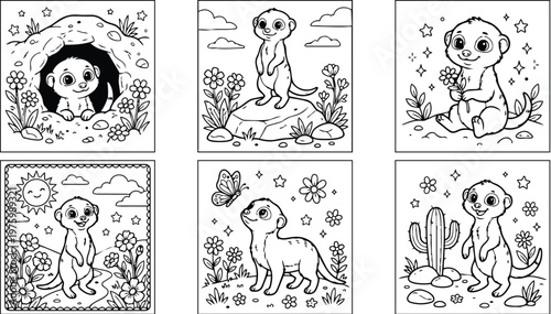 Cute line art meerkats in six square coloring panels close up baby meerkat looking at butterfly holding flower sitting in burrow standing on rock playful composition