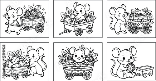 Cartoon line art mouse pulling small wooden wagon full of strawberries raspberries and blackberries looking at viewer close up editable coloring page illustration with leaves sparkles