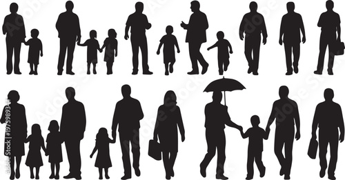 Black silhouettes of people and families walking, diverse group of men women and children in motion, flat vector collection of human figures