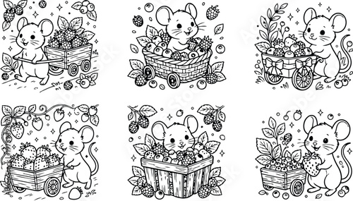 Line art close up cute mouse carrying wooden cart of strawberries and raspberries looking at camera detailed basket and leaves coloring page illustration hand drawn playful
