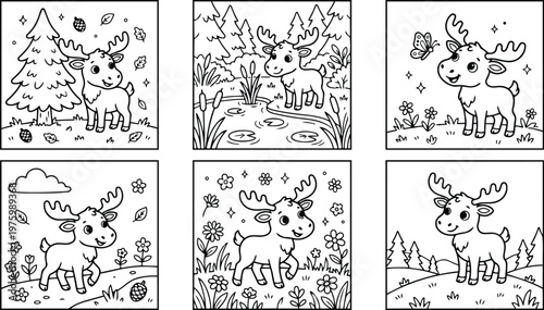 Cute cartoon moose close up looking at camera wearing no accessories standing in meadow with flowers pine trees pond and butterflies in bright line art style