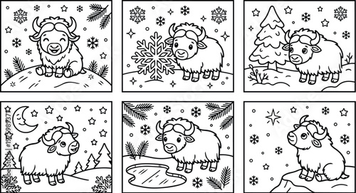 Cute cartoon yak calf sitting on snowy hill looking up at stars and moon with pine tree background simple line art winter scene playful children coloring