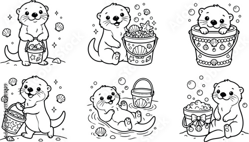 Cute otter illustrations holding decorated beach buckets and seashells various poses close up line art coloring page with bubbles smiling sitting pouring playful summer beach scene