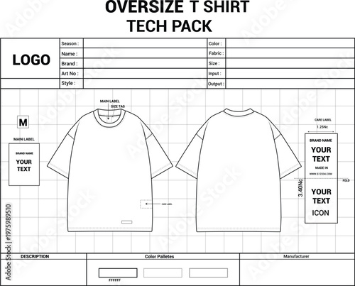 Oversized T Shirt Tech Pack Template Vector, Apparel Specification Sheet, Clothing Size Chart Design