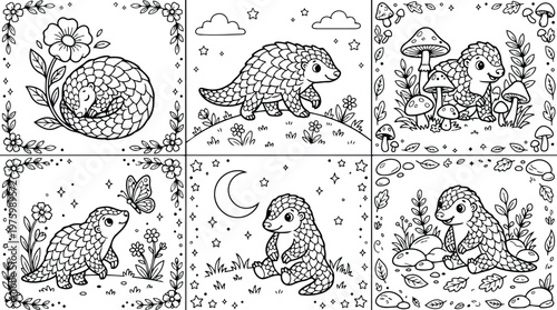 Whimsical hand drawn pangolin coloring pages six panels showing curled sleeping pangolin walking exploring mushrooms moon stars and floral borders cute cartoon close up smiling meadow