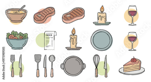 A collection of illustrated icons representing various elements of dining, including food, drinks, utensils, and ambiance.