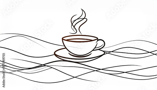 Simple sketch of a coffee cup with steam rising above the saucer.