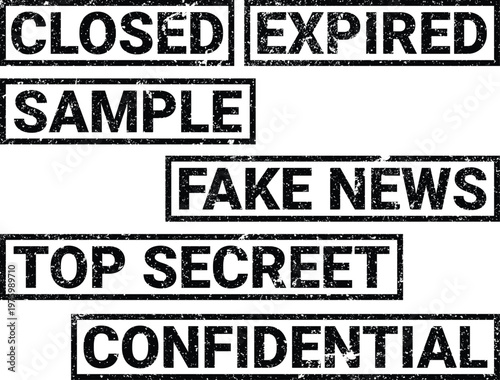 Grunge rubber stamp set with closed expired sample fake news top secret confidential labels isolated on transparent background