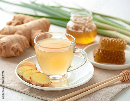 Foto Healthy Herbal Drink Ginger Honeycomb Lemongrass in Clear Glass Cup