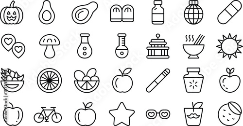 Healthy lifestyle nutrition and fitness line icon set minimal outline style with food supplements workout and wellness elements