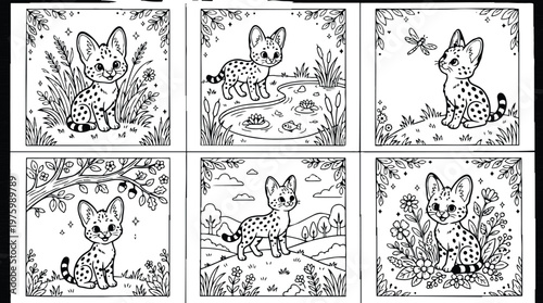 Cute line art serval kitten coloring pages six panel close up and landscape scenes with flowers pond dragonfly and grassy hills for kids activity book playful