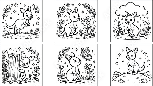 Cute line art kangaroo characters in six square panels each showing playful poses flowers butterfly tree stump grass stars whimsical coloring book scene smiling looking cheerful