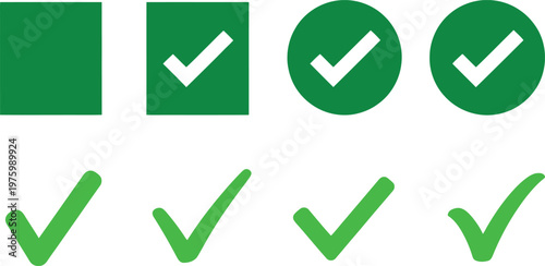 Collection of green check mark icons and symbols representing approval success and positive confirmation in various styles