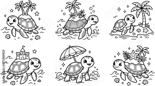 Line art close up smiling sea turtle with sandcastle on shell palm tree umbrella waves six separate beach scenes playful summer children coloring pages adorable outline