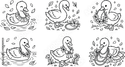 Cute line art duckling wearing flower wreath and pearl necklaces close up swimming in pond with falling leaves side view playful black and white whimsical illustration