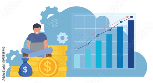 Businessman sitting on coin stack with laptop and stock market graph