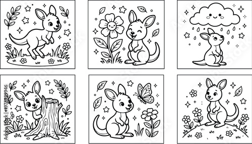 Black and white line art close up baby kangaroo in six framed panels playing looking at butterfly near flower stump cloud smiling scene for children coloring