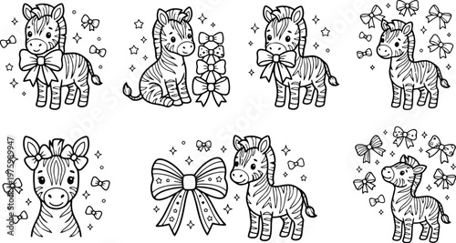 Cute line art zebra illustration set with bows multiple poses smiling looking at camera close up and full body coloring page style simple black and white