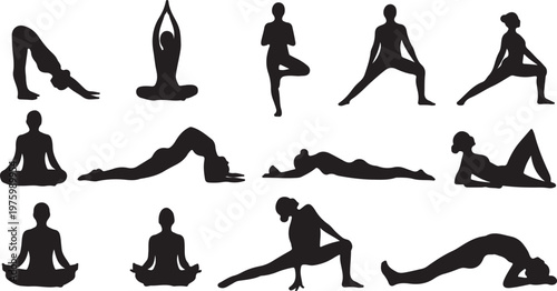 Yoga poses silhouette collection, 13 female fitness exercise icons, black woman yoga asana set, meditation and wellness vector graphics