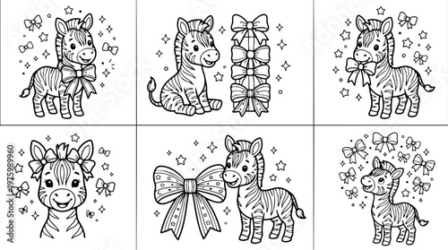 Cute hand drawn zebra with oversized bow looking at camera standing in portrait framing among floating bows stars and sparkles in black and white line art