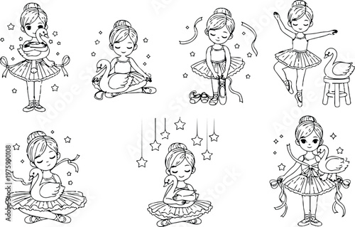 Delicate line art close up girl ballet dancer holding swan plush toy wearing soft tutu tying ballet shoes in studio with ribbons looking at camera peaceful