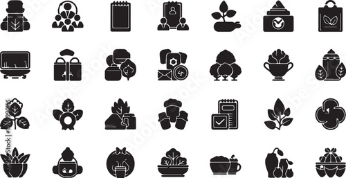 Natural organic skincare icons set, 28 black solid glyph vector elements, eco friendly beauty products and herbal cosmetics symbols for branding