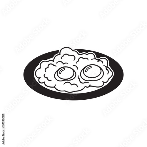Two fried eggs on a plate with fluffy whites clean line art for breakfast concepts