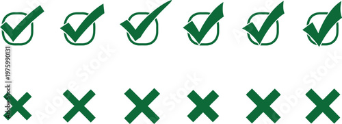 A collection of green checkmark and 'x' symbols arranged in two rows indicating approval and rejection