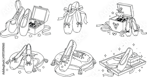 Line art close up ballet pointe shoes with ribbons and music box with ballerina figure arranged in six decorative compositions for coloring page soft elegant mood
