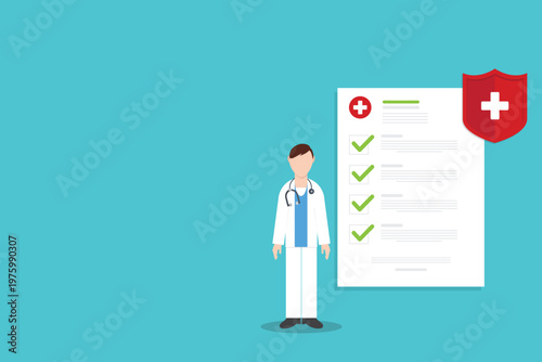 Health Insurance Approval Concept with Doctor Checklist and Medical Protection Shield