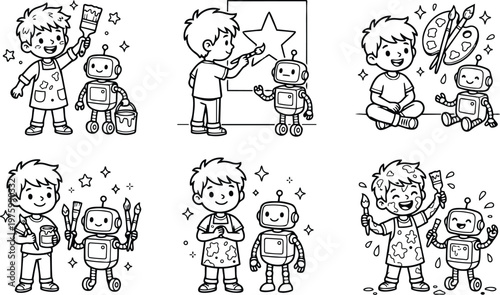 Line art smiling boy and friendly robot painting with brushes and paint cans on star mural canvas wearing paint apron looking at camera joyful scene