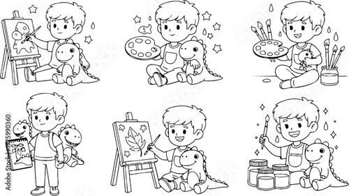 Cute line art children illustration boy painting at easel with dinosaur plush holding palette smiling looking at camera sitting on floor with paintbrushes jars playful coloring