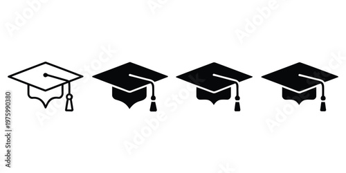 Graduation cap icon collection featuring different styles of academic mortarboard hats, representing education, university, learning, achievement, and academic success.