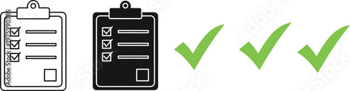 Black and white clipboards with checklists and green checkmarks a visual representation of task completion and organization