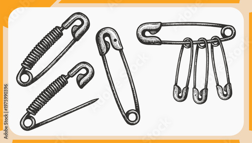 Vintage Hand Drawn Safety Pin Illustration Set, Retro Sketch of Metal Fasteners and Punk Style Sewing Accessories for Grunge Streetwear and Fashion Design Vector Illustration