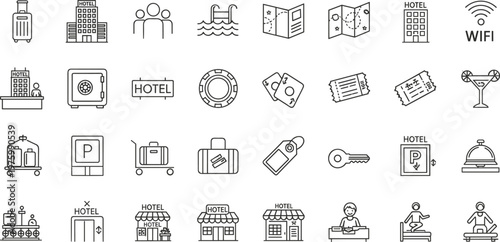 Hotel and Travel Service Line Icon Set Featuring Luggage Map Wifi Reception Key Ticket Parking Tourism Symbols
