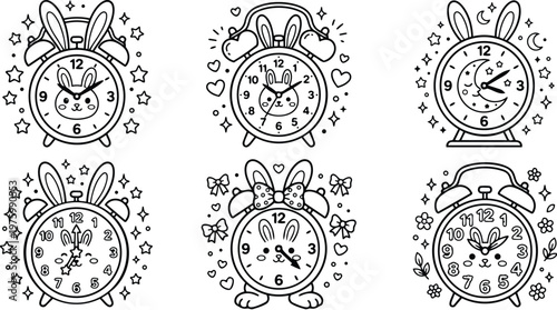 Whimsical line art close up six bunny alarm clocks with ears bows stars hearts smiling faces arranged in coloring page style playful black and white illustration