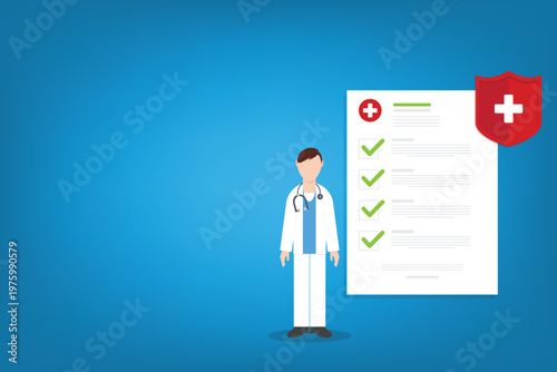 Health Insurance Approval Concept with Doctor Checklist and Medical Protection Shield