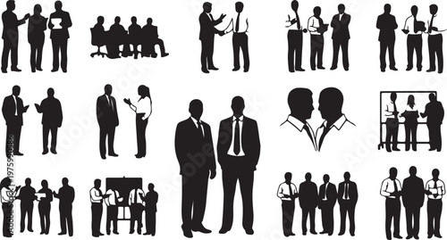 Professional business people silhouettes set, corporate team meeting and office workers collection, black and white executive figures vector
