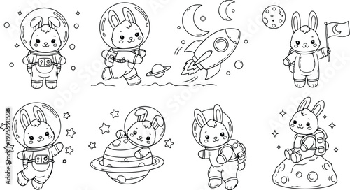 Cute astronaut bunny in helmet close up looking at camera holding flag on moon surface with backpack rocket and stars in line art coloring page illustration