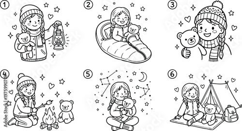 Cozy line art girl with braided hair holding teddy and lantern looking at camera in sleeping bag beside tent and campfire under starry sky winter scarf