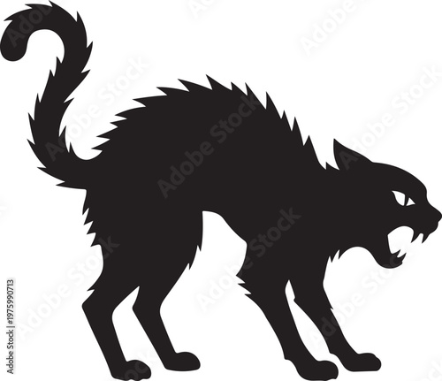 Angry black cat silhouette with spiked back silhouette halloween witchcraft superstition aggression growling predator domestic illustration attitude expression