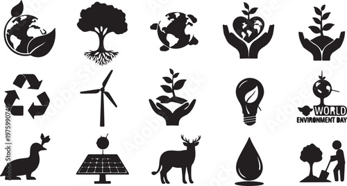 Eco-friendly environment icon set, 15 black vector silhouettes for sustainability and nature conservation, renewable energy and ecology symbols